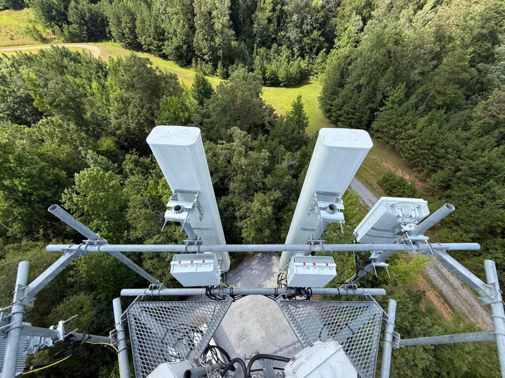 Close-up of new radios and antenna panels mounted on the Verizon tower after the swap