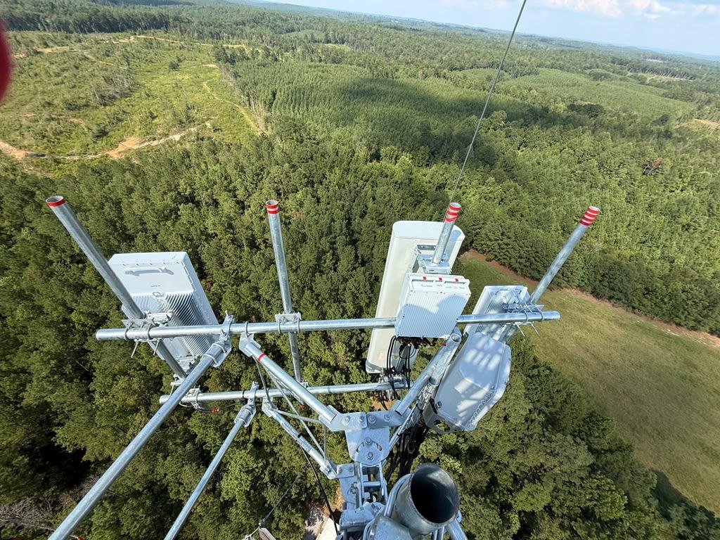 Aerial view of the finished Verizon 5G antenna installation on the tower